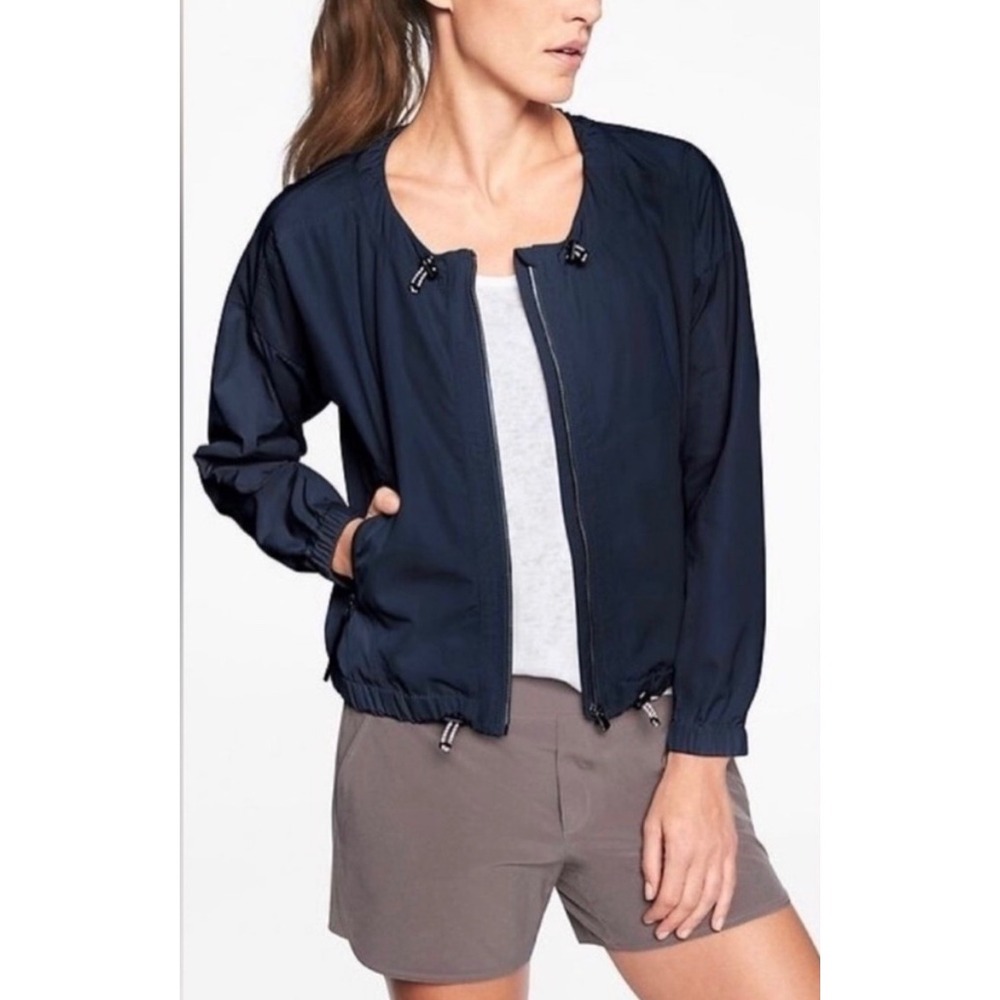 Athleta Womens Large Navy Chill Bomber Full Zip Jacket Drawstring‎ Lightweight